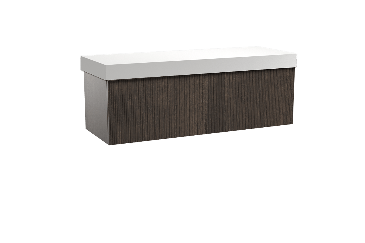 Balmani Forma meuble salle de bains suspendu 150 x 55 cm chêne fumé avec Dominus tablette simple ou double en solid surface blanc mat, Nervure droite symétrique verticale