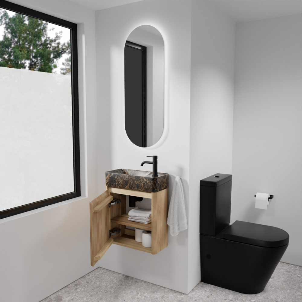 Balmani Fara hängendes WC-Möbel-Set, 45 x 22 cm, Eiche Natur, mit Fara Waschtisch in Dark Emperador Marmor