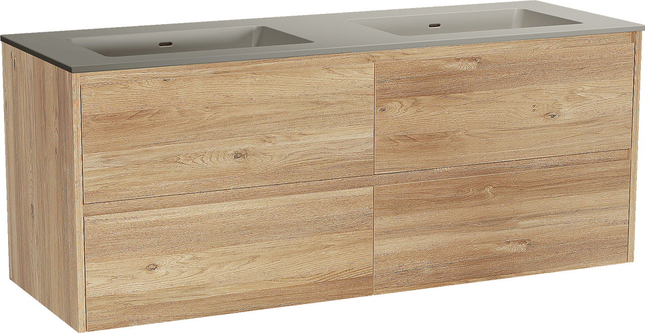 Storke Seda zwevend badmeubel 150 x 52 cm ruw eiken met Diva dubbele wastafel in top solid zijdegrijs