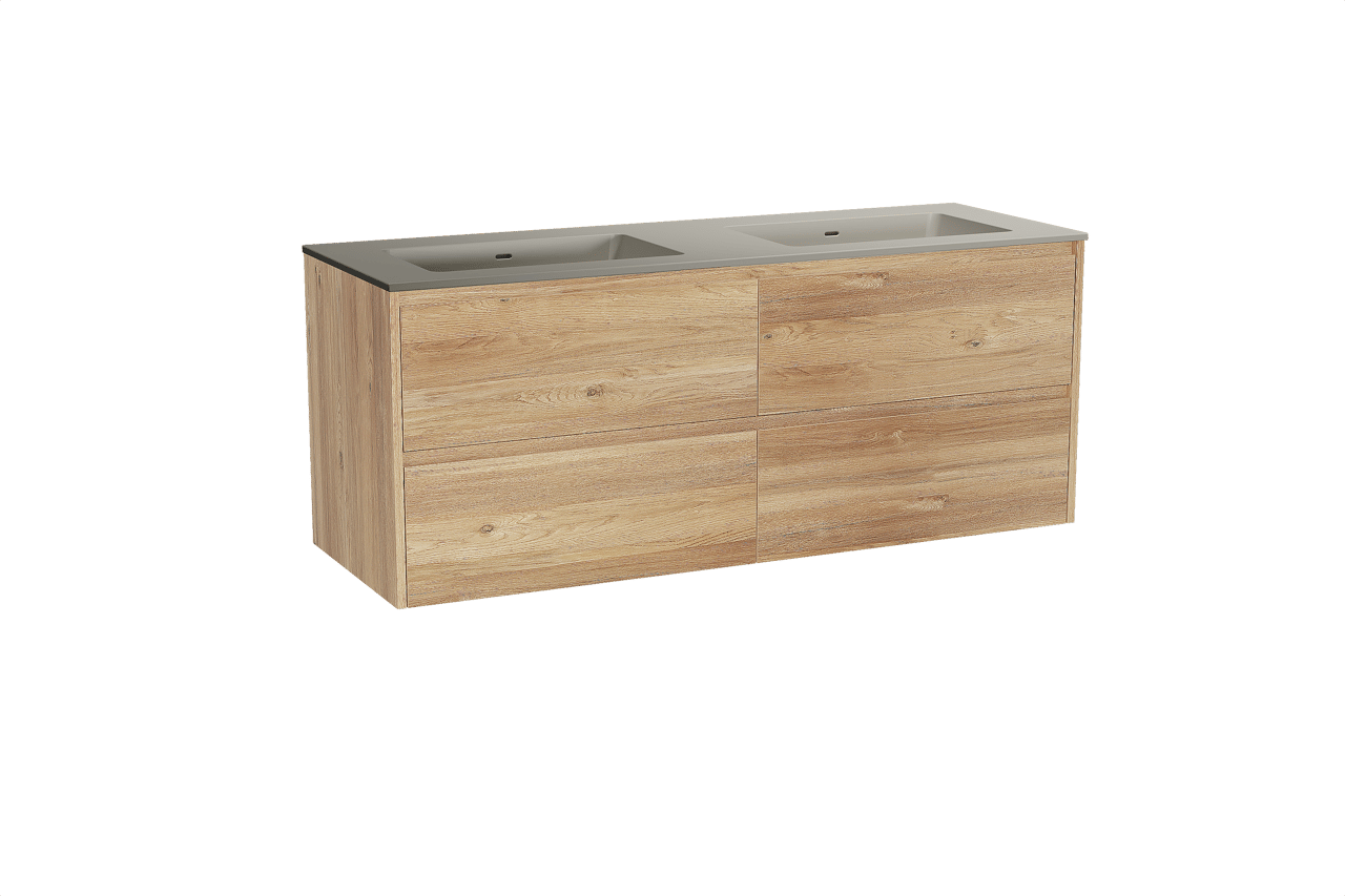 Storke Seda hängendes Möbelstück Set: 150 x 52 cm, Rohe Eiche, mit Diva Doppelwaschtisch, Top Solid Seidengrau