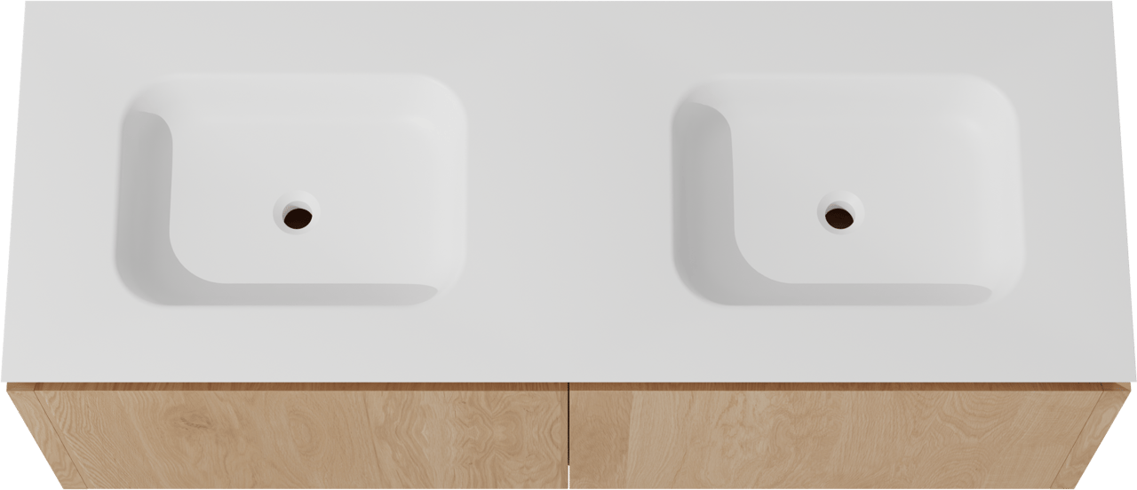 Balmani Eclips meuble salle de bains suspendu 150 x 55 cm Chêne naturelle avec Eclips double vasque en Solid Surface blanc mat