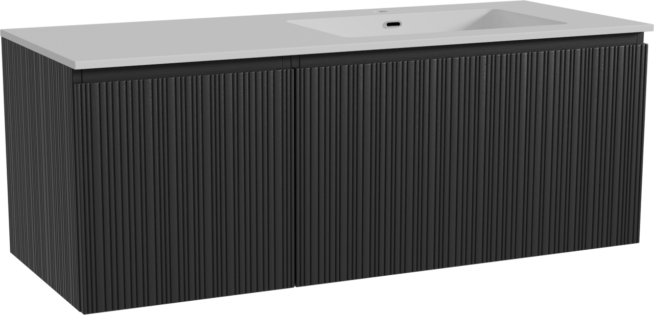 Storke Ribs zwevend badmeubel 130 x 52 cm zwart eiken met Diva asymmetrisch rechtse wastafel in composietmarmer hoogglans wit, Verticale asymmetrische rechte ribbel