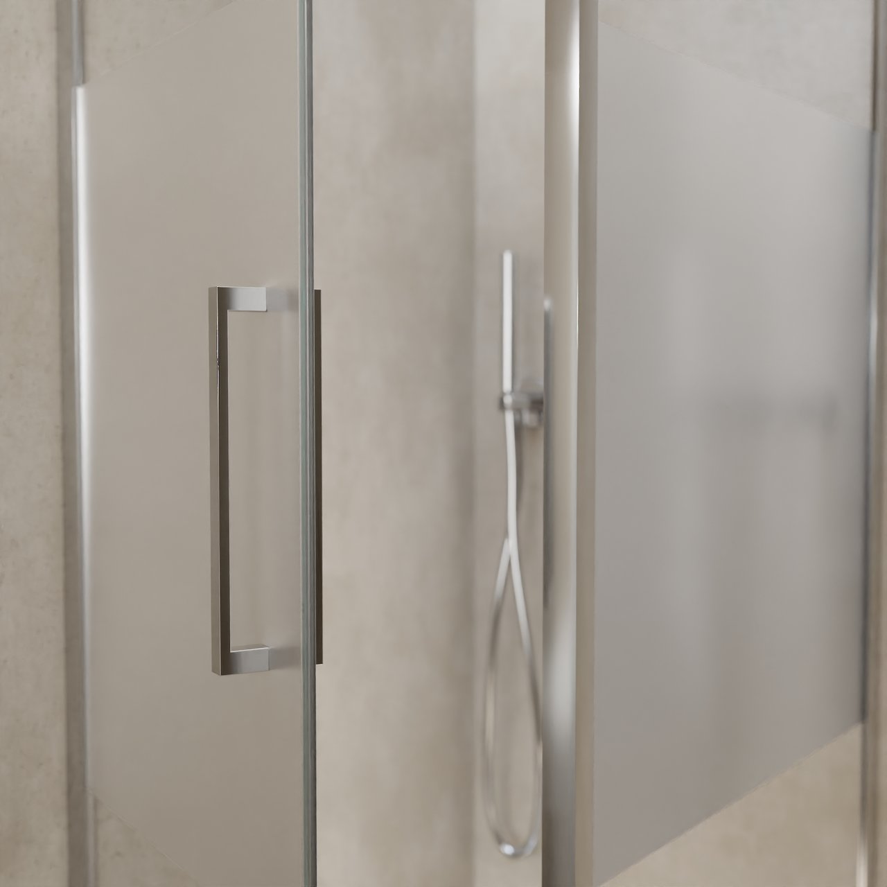 Balmani Senses Design douche d'angle avec porte pivotante à gauche et paroi latérale fixe, 90 x 90 cm, Verre transparent avec bande mate, Profil chrome