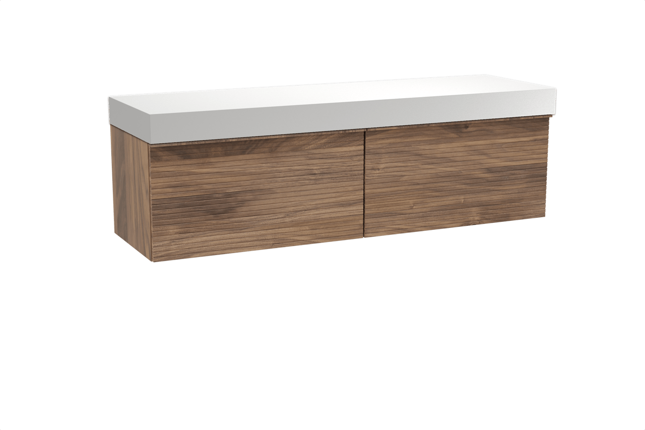 Balmani Forma meuble salle de bains suspendu 180 x 55 cm noyer américain avec Dominus tablette simple ou double en solid surface blanc mat, Nervure droite symétrique horizontale