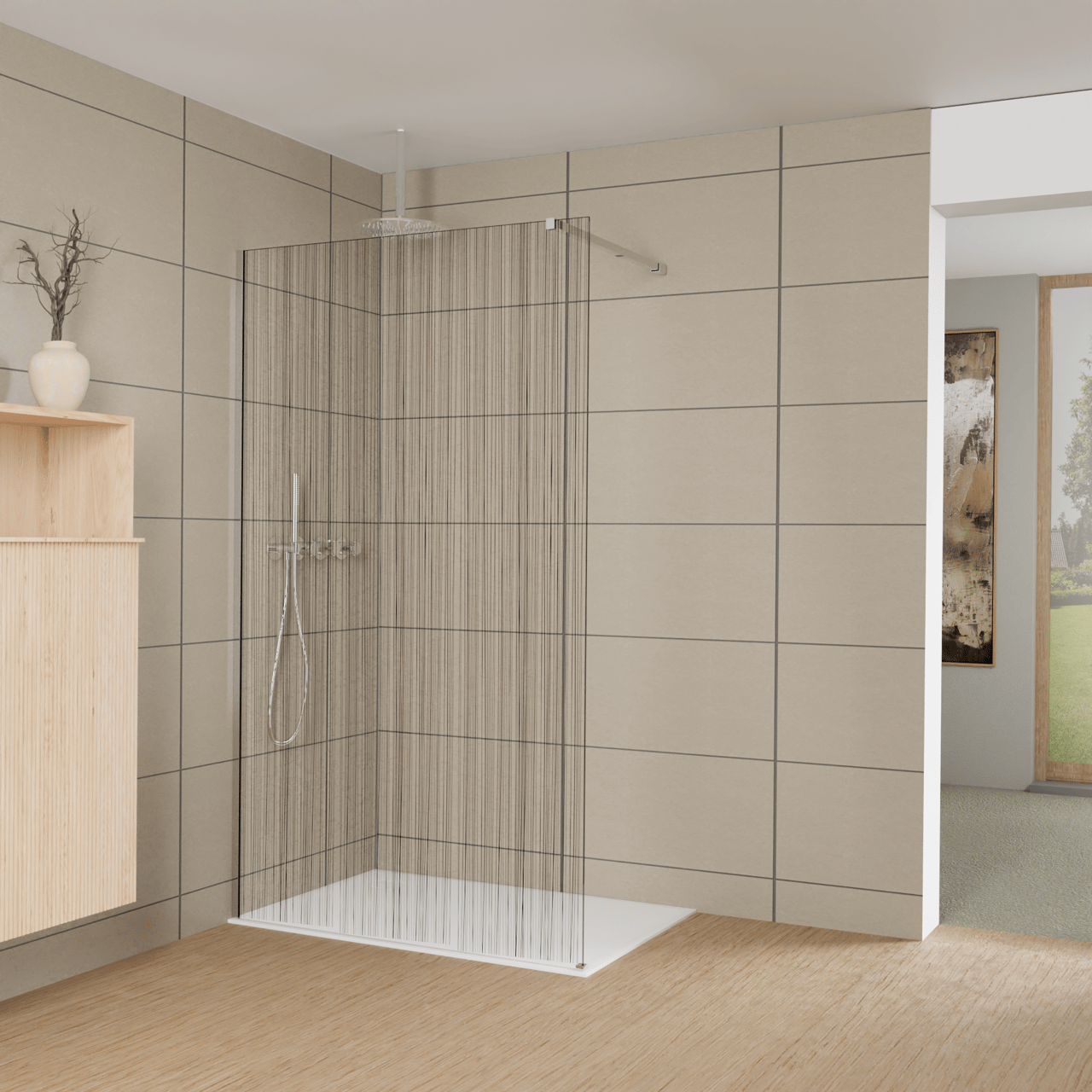 Balmani Modular inloopdouche: 120 x 200 cm, Mikado met coating, Glanzend chroom profielen