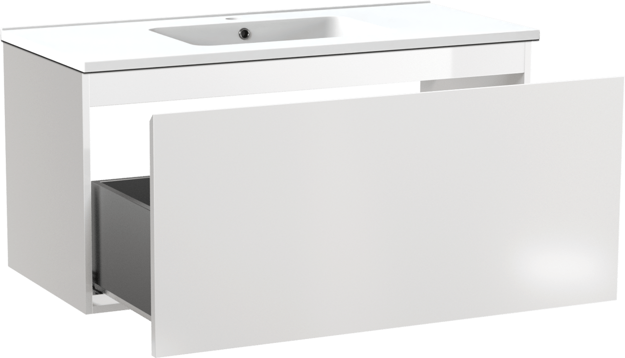 Linie Lado zwevend badkamermeubel 100 x 46 cm glanzend wit met Vano enkele wastafel in composietmarmer mat wit