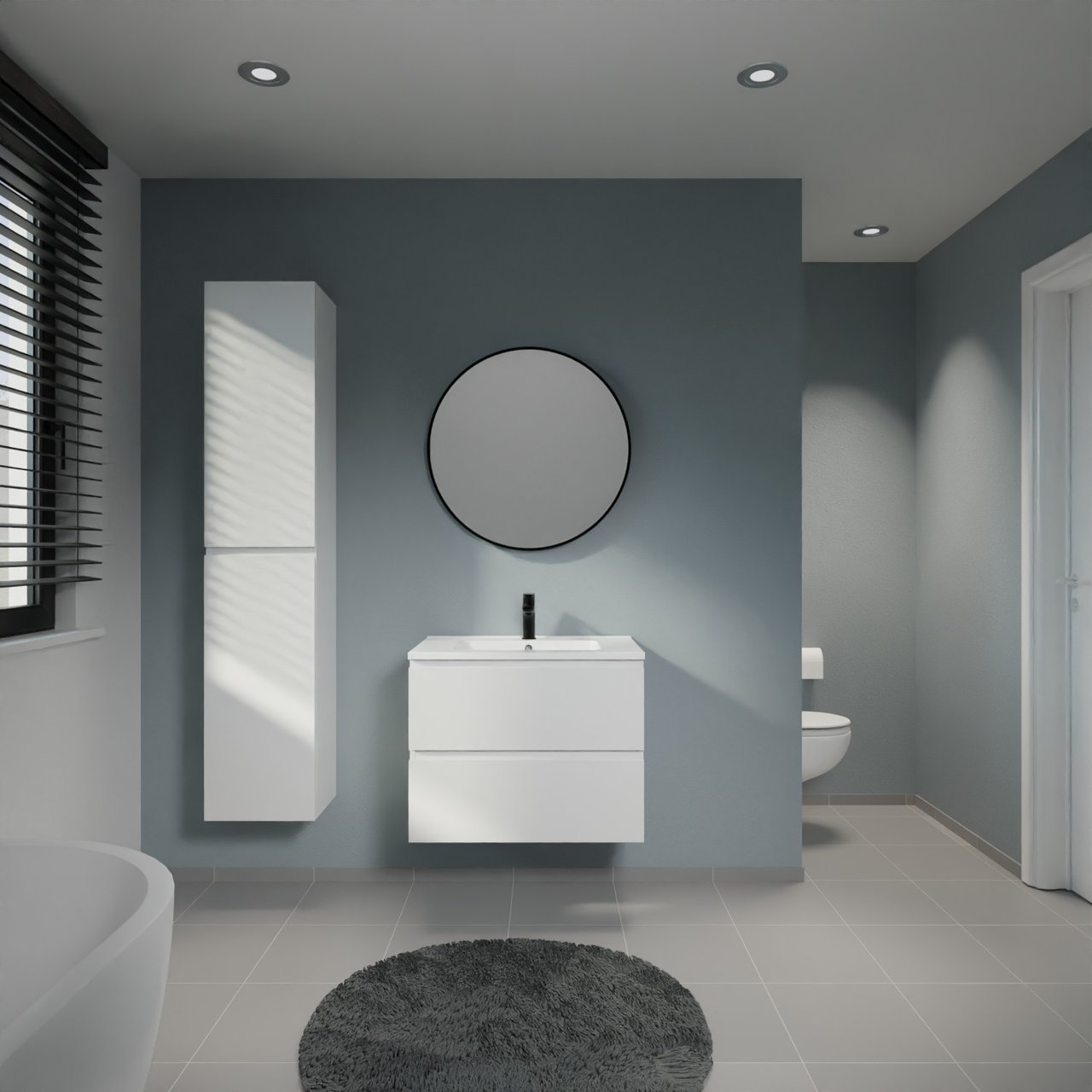 Linie Lado meuble salle de bains suspendu 70 x 46 cm blanc brillant avec Vano plan simple en marbre composite blanc brillant