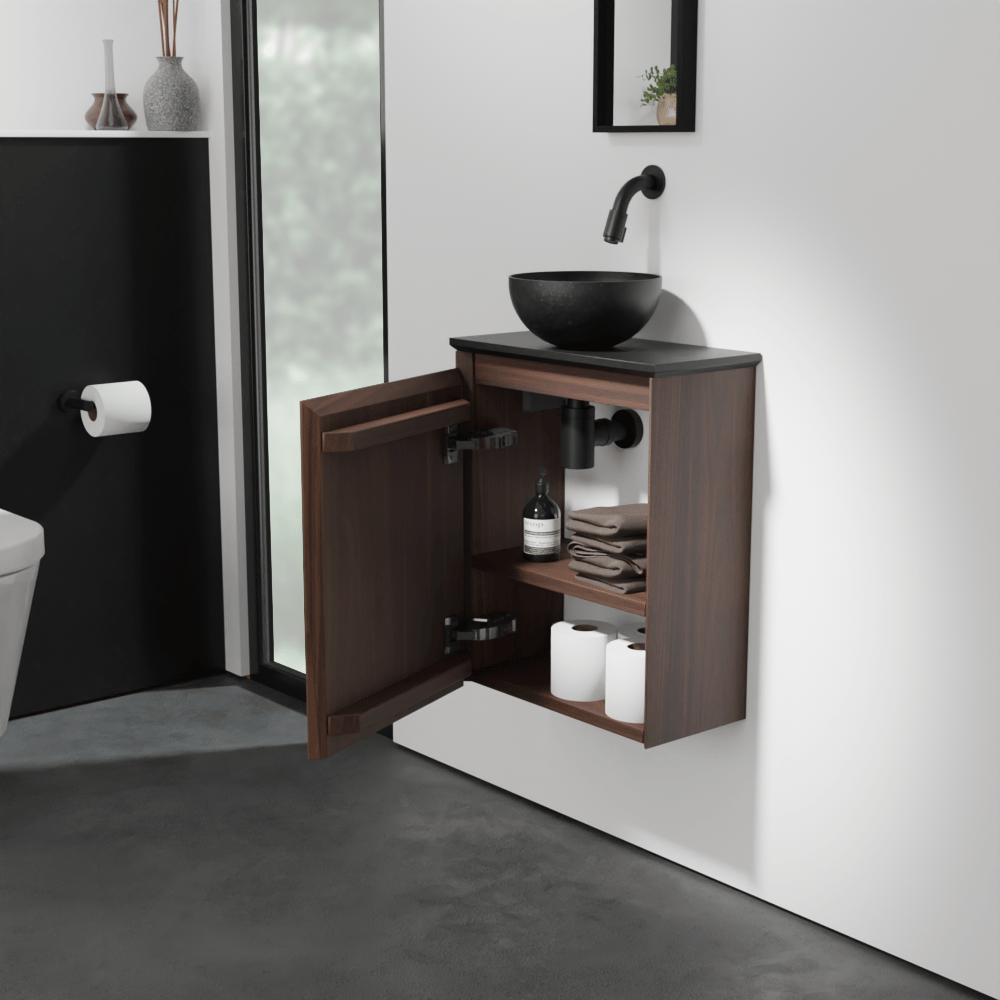 Balmani Mitra meuble wc suspendu 42 x 21 cm noyer américain avec Facetta tablette et Bari vaque à poser en granite aiguisé