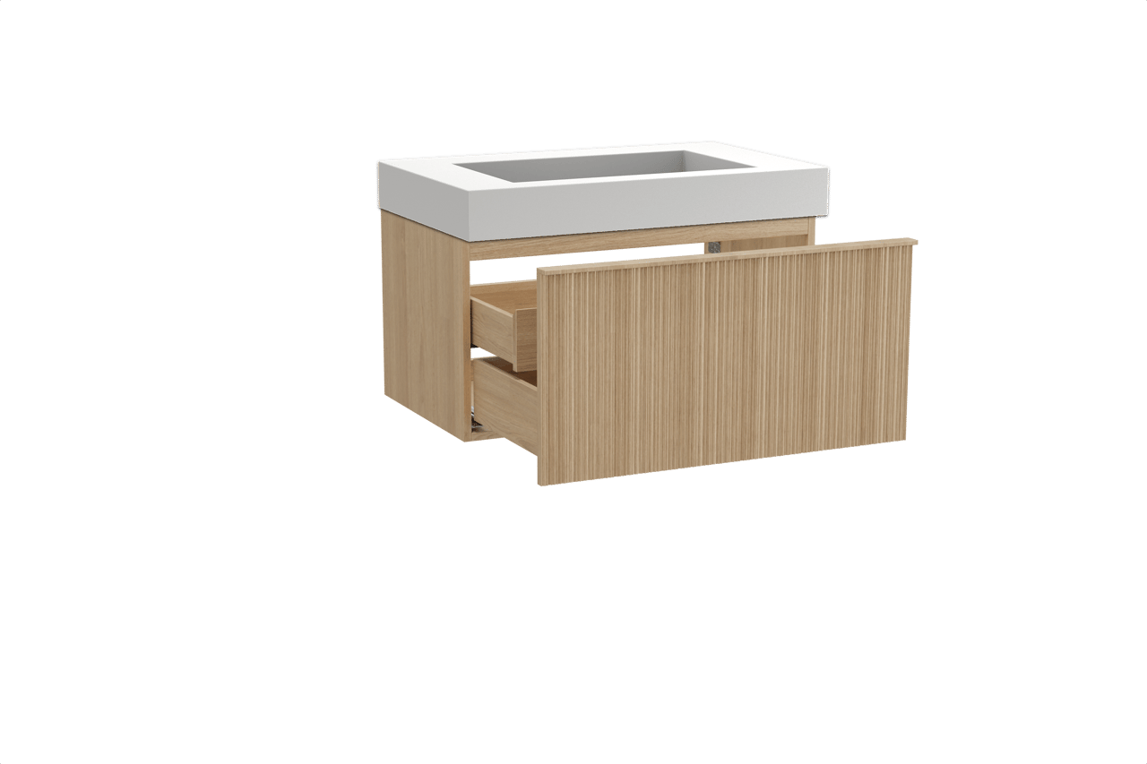 Balmani Forma meuble salle de bains suspendu 90 x 55 cm chêne naturel avec Modus plan simple en solid surface blanc mat, Nervure circulaire asymétrique verticale