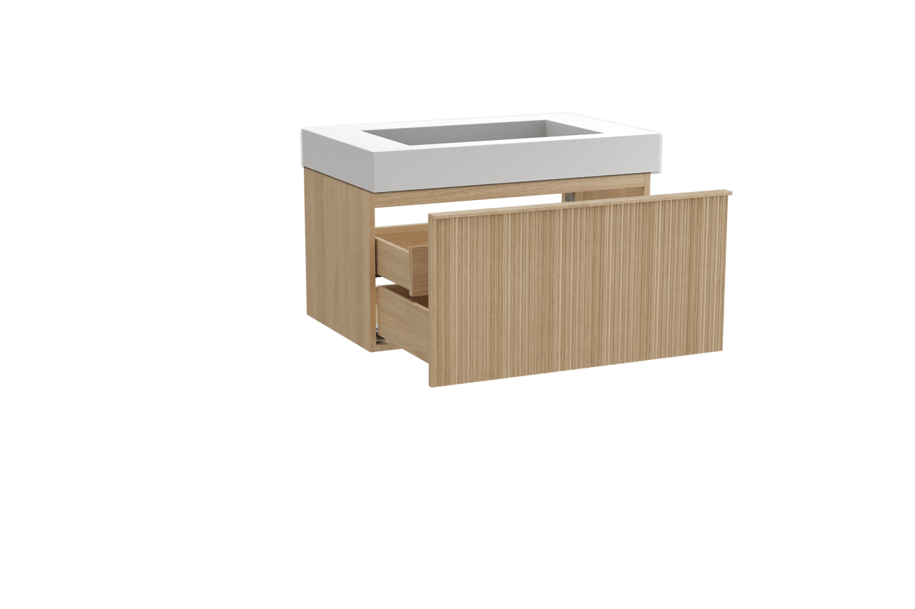 Balmani Forma meuble salle de bains suspendu 90 x 55 cm chêne naturel avec Modus plan simple en solid surface blanc mat, Nervure circulaire asymétrique verticale