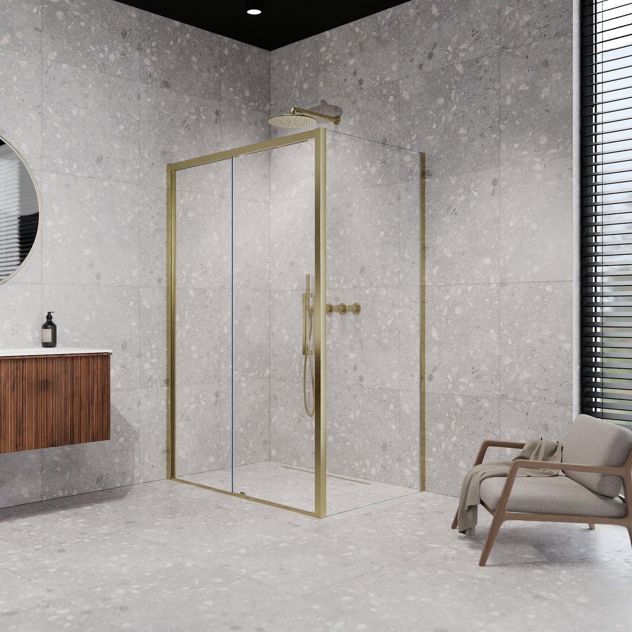 Balmani Senses Design douche en coin avec porte coulissante à gauche et paroi latérale fixe, 140 x 70 cm, Verre transparent, Profil Brushed Champagne Gold