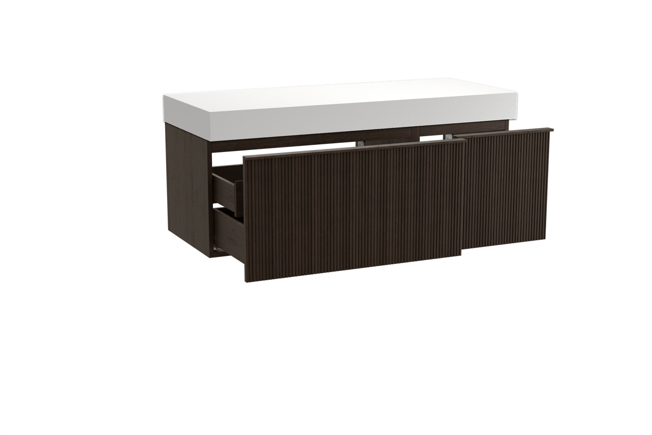 Balmani Forma meuble salle de bains suspendu 135 x 55 cm chêne fumé avec Dominus tablette simple ou double en solid surface blanc mat, Nervure droite symétrique verticale