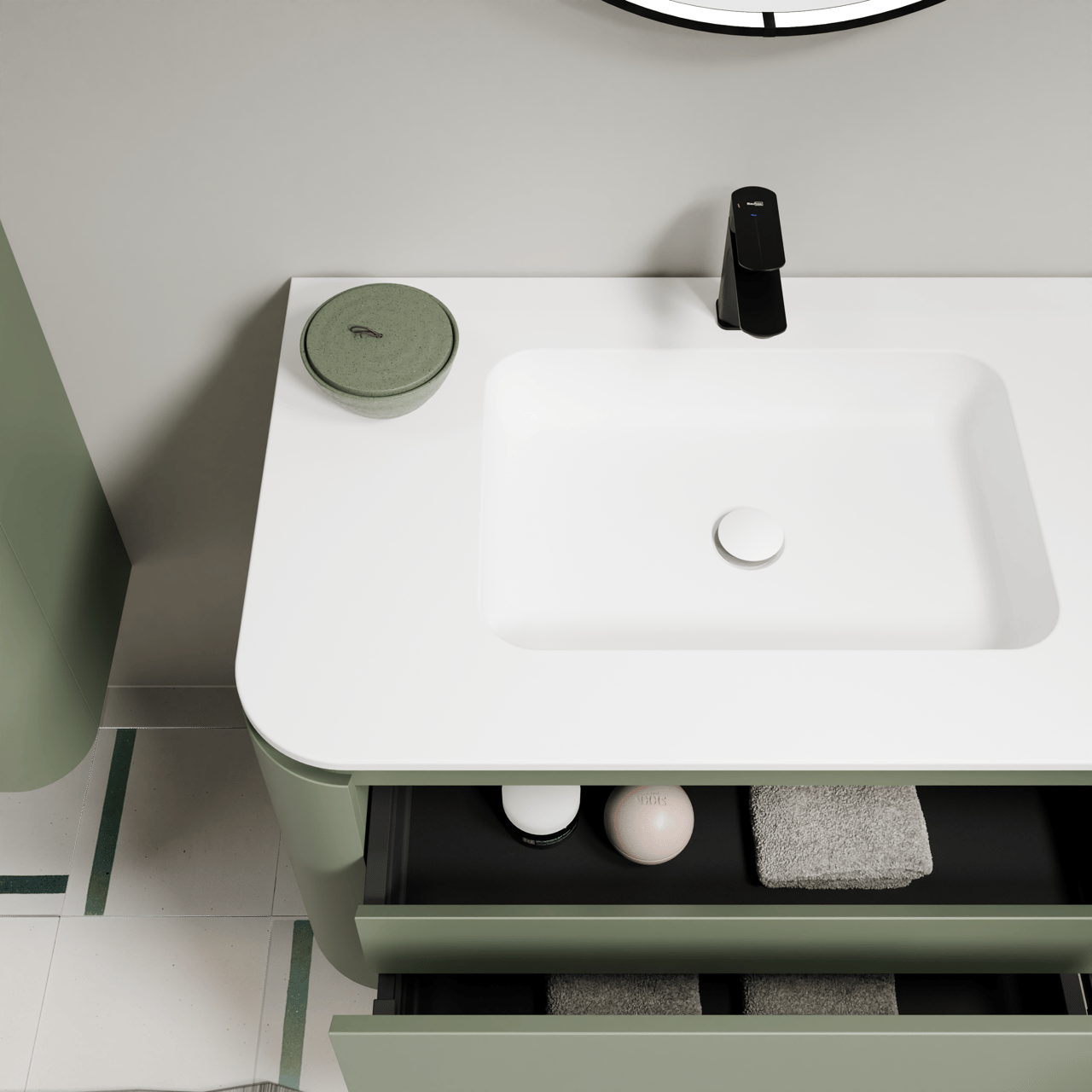 Balmani Moon meuble salle de bains suspendu 130 x 55 cm vert sauge avec Moon plan simple en solid surface blanc mat