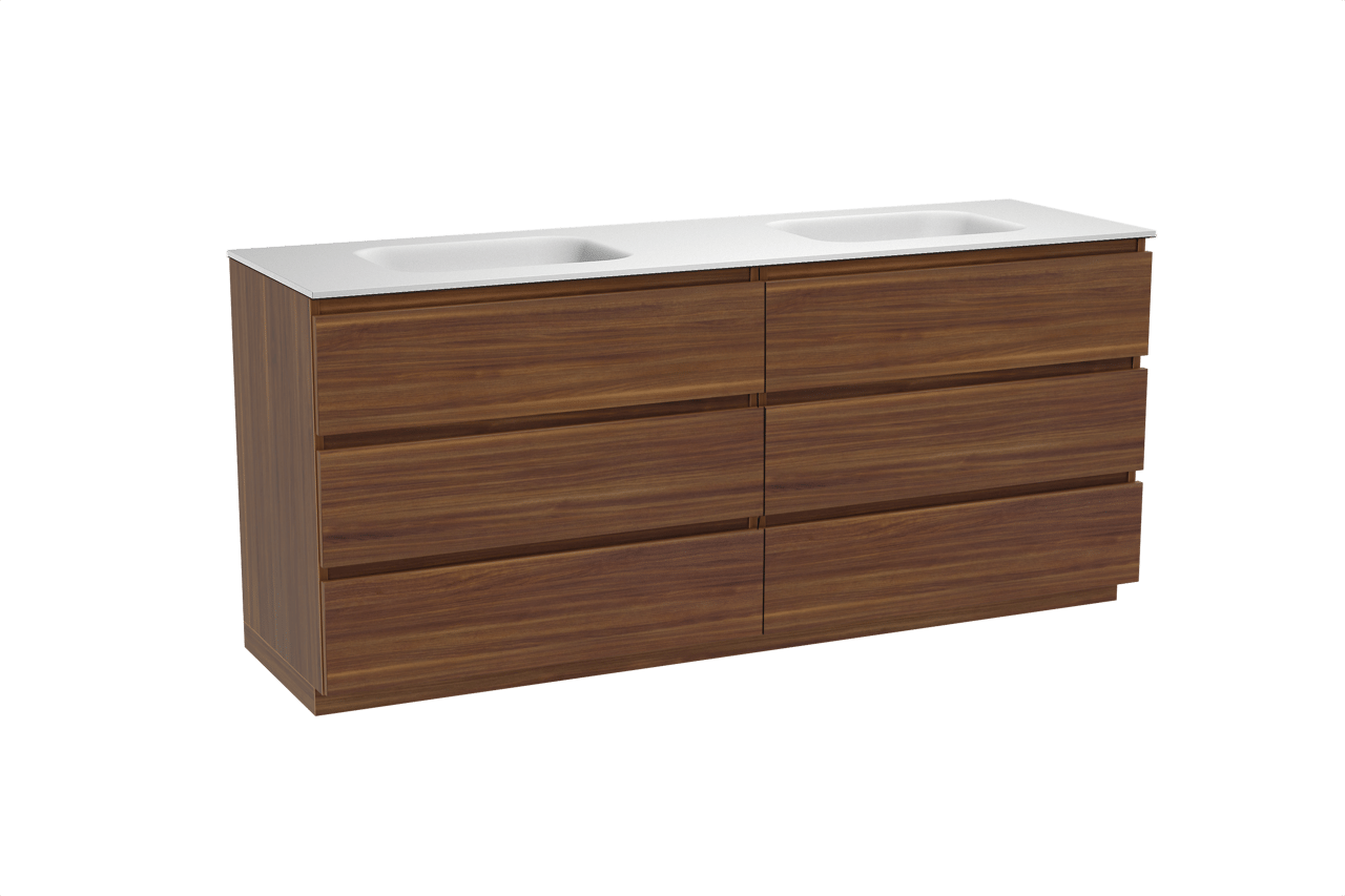 Balmani Lucida freistehendes Möbelstück Set: 180 x 55 cm, Amerikanischer Nussbaum, mit Tablo Arcato Doppelwaschtisch, Solid Surface Weiß matt