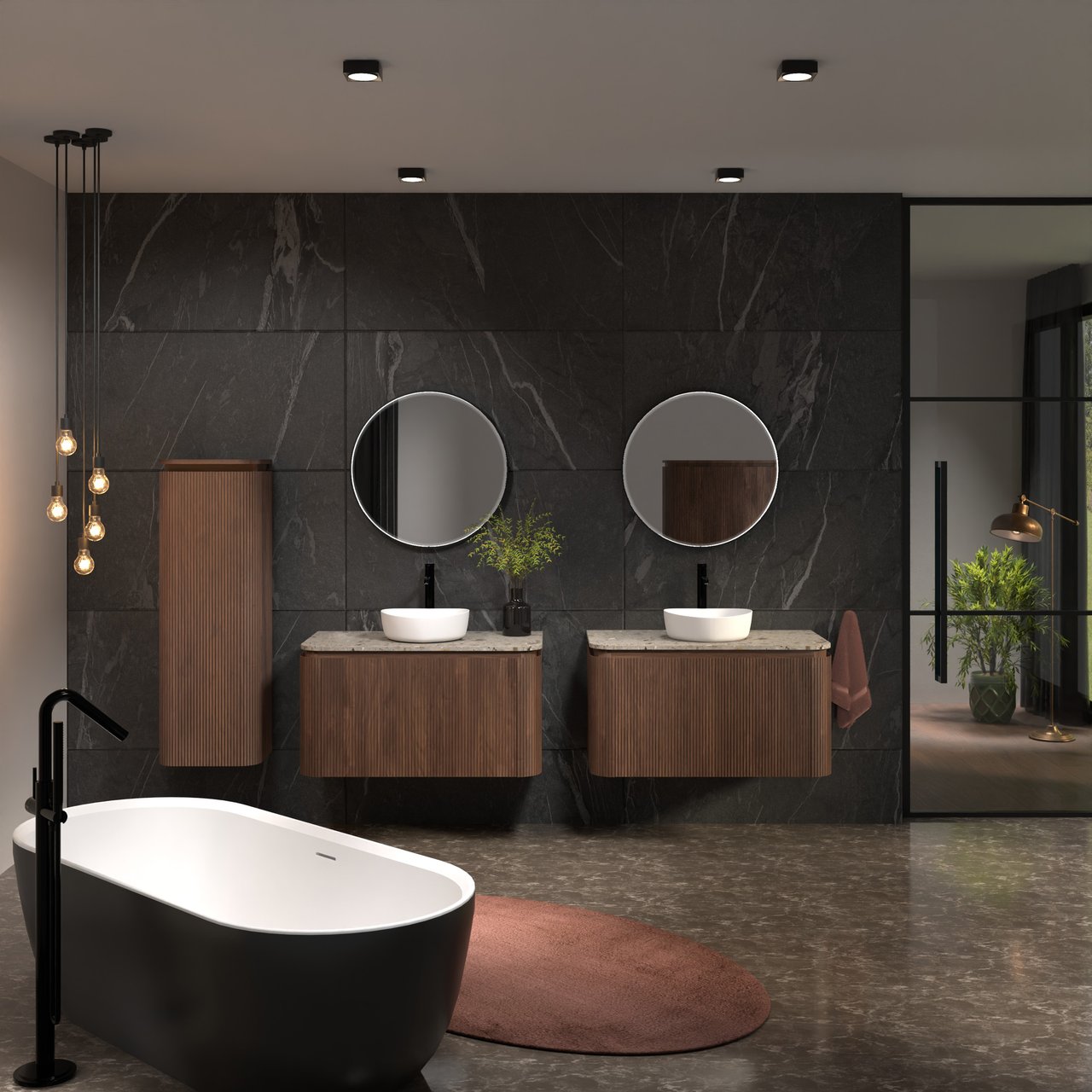 Balmani Moon zwevend badkamermeubel 100 x 55 cm amerikaanse notelaar met Moon enkel tablet in terrazzo greige terrazzo, Verticale symmetrische rechte ribbel