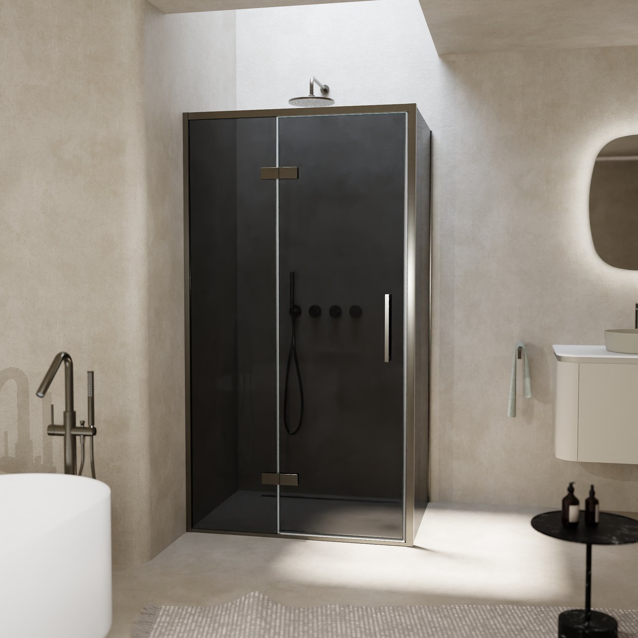 Balmani Senses Design douchecabine met linkse draaideur en vaste zijwand, 100 x 100 cm, Rookglas, Brushed GunMetal profielen