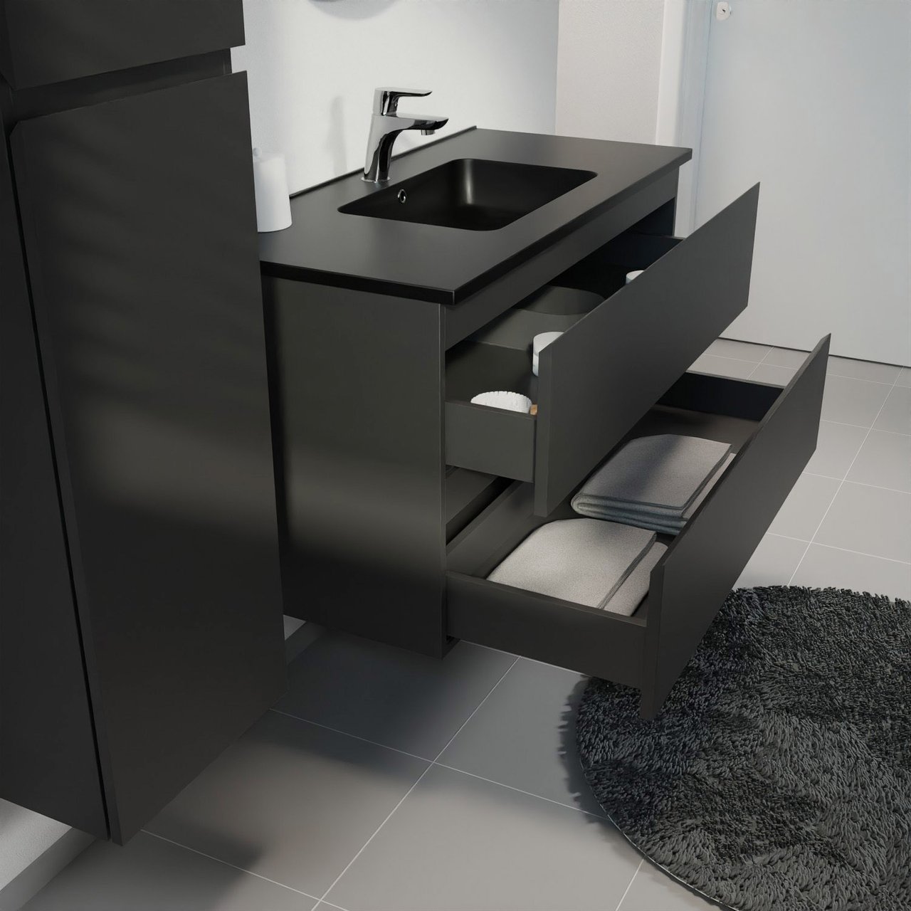 Linie Lado hängendes Möbelstück Set: 100 x 46 cm, Schwarz matt, mit Vano Einzelwaschtisch, Marmorkomposit Schwarz matt