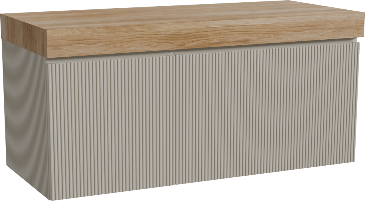 Storke Ribs zwevend badmeubel 120 x 52 cm zijdegrijs met Kada enkel of dubbel wastafelblad in hpl rustiek teakhout, Verticale symmetrische rechte ribbel