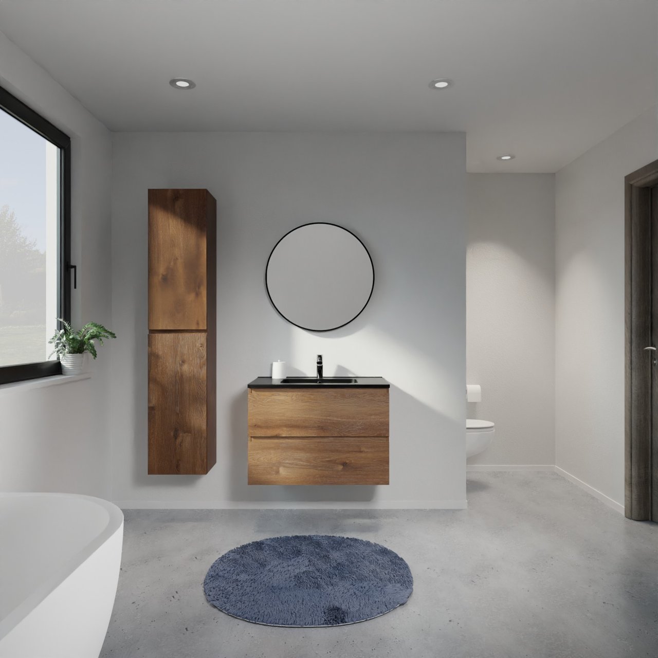 Linie Lado meuble salle de bains suspendu 80 x 46 cm chêne brun avec Vano plan simple en marbre composite noir mat