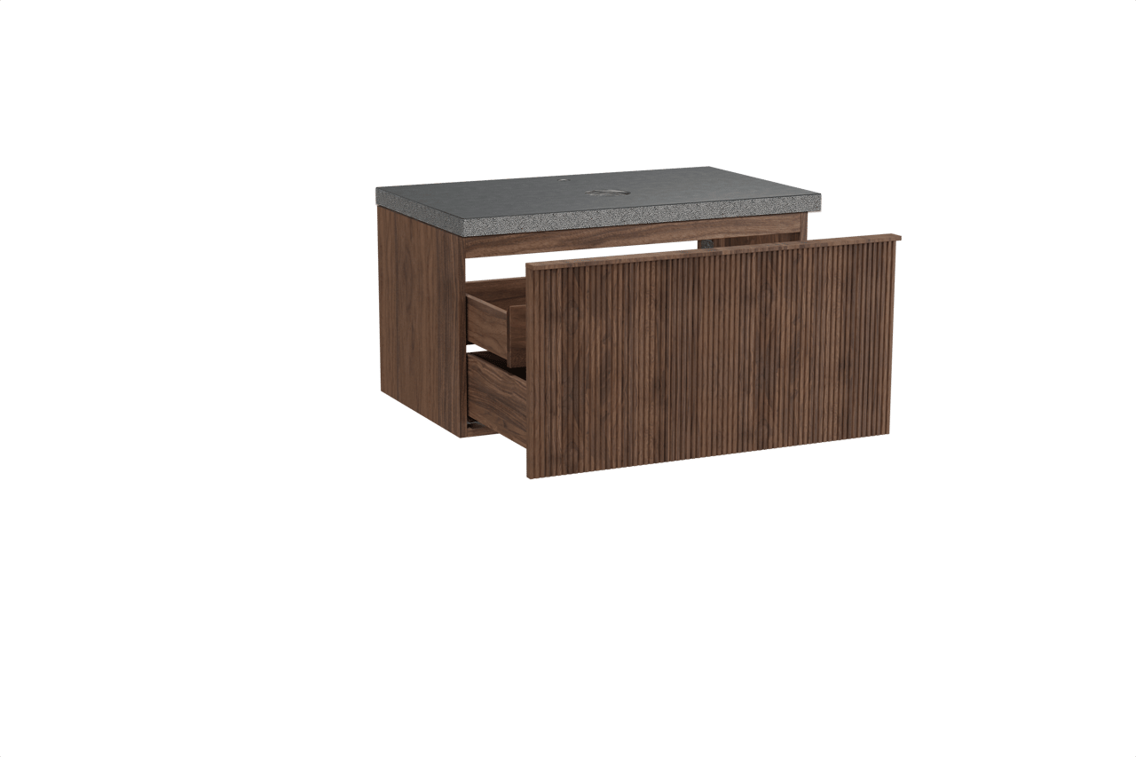 Balmani Forma hängendes Möbelstück Set: 90 x 55 cm, Amerikanischer Nussbaum, mit Rock Einzel Waschtischplatte, Granit, Schwarzes Granit, Vertikale symmetrische gerade Rippe