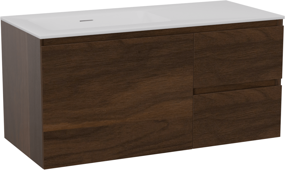 Storke Edge hängendes Möbelstück Set: 100 x 46 cm, Nussbaum, mit Mata Waschtisch links, Solid Surface Weiß matt