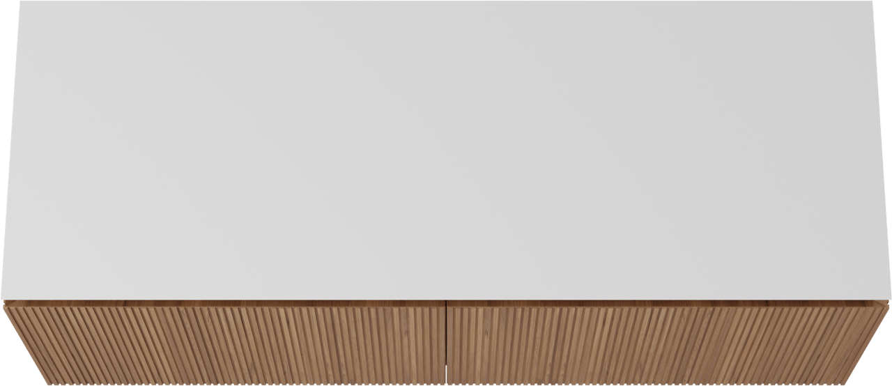 Balmani Eclips meuble salle de bains suspendu 150 x 55 cm Teck avec Eclips tablette simple ou double vasque en Solid Surface blanc mat, Nervure droite symétrique verticale