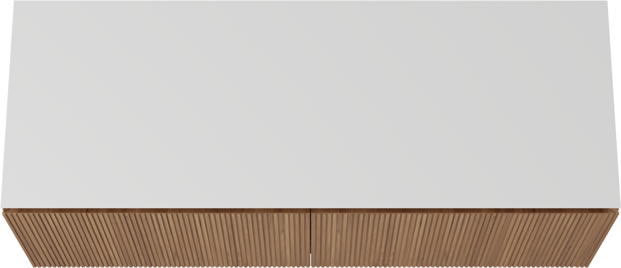 Balmani Eclips hängendes Möbelstück Set: 150 x 55 cm, Teak, mit Eclips Einzel- oder Doppel Waschtischplatte Solid Surface Weiβ matt, Vertikale symmetrische gerade Rippe