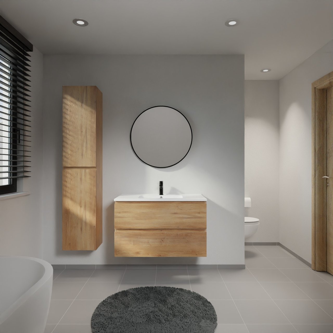 Linie Lado meuble salle de bains suspendu 90 x 46 cm chêne naturel avec Vano plan simple en marbre composite blanc mat