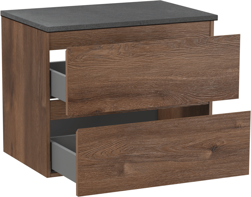 Linie Lado hängendes Möbelstück Set: 70 x 46 cm, Braune Eiche, mit Lado Einzel Waschtischplatte, Melamin Schiefergrau