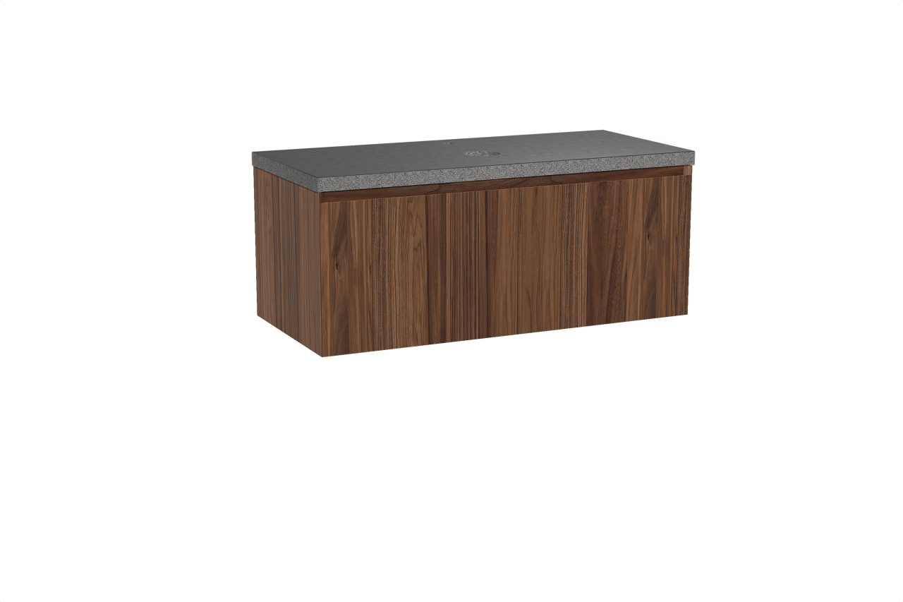 Balmani Idra hängendes Möbelstück Set: 120 x 55 cm, Nussbaum, mit Rock Einzel Waschtischplatte, Schwarzes Granit