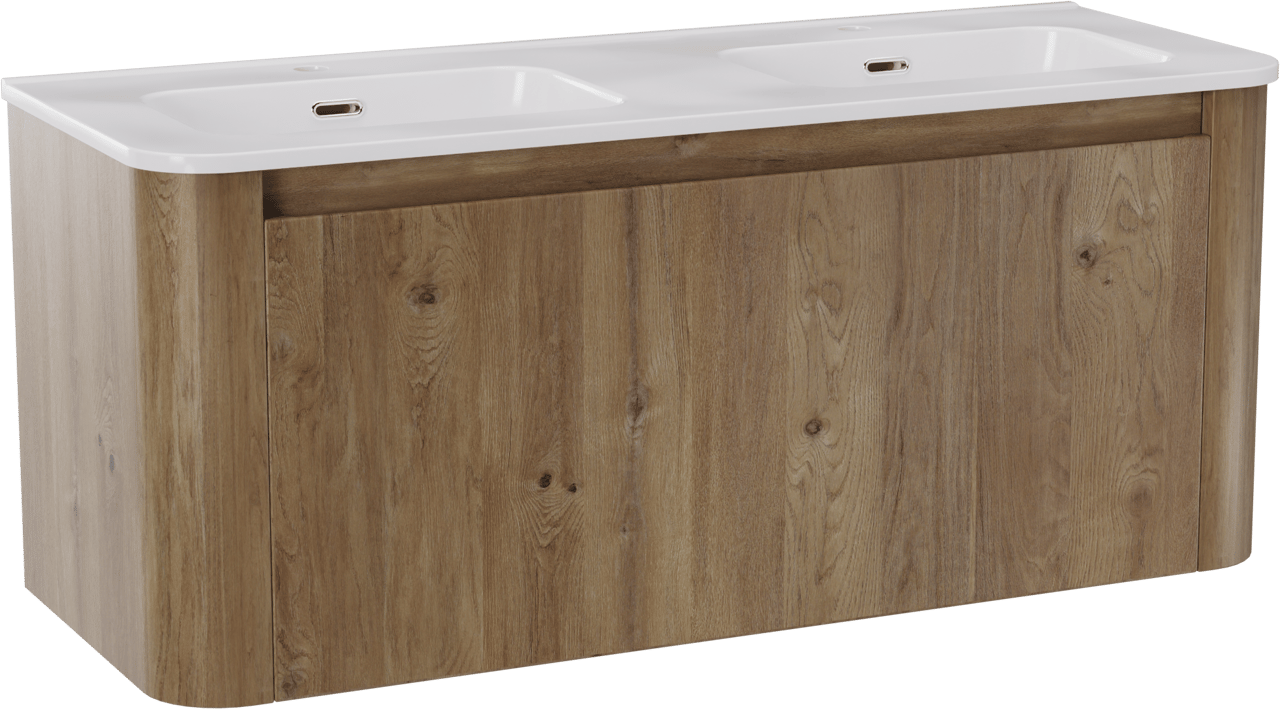 Storke Soft meuble salle de bains suspendu 120 x 46 cm chêne brut avec Kera Soft double vasque en porcelaine blanc brillant