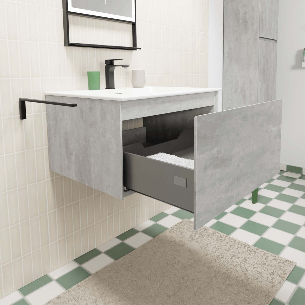 Storke Edge hängendes Möbelstück Set: 65 x 52 cm, Beton dunkelgrau, mit Mata Einzelwaschtisch, Solid Surface Weiß matt