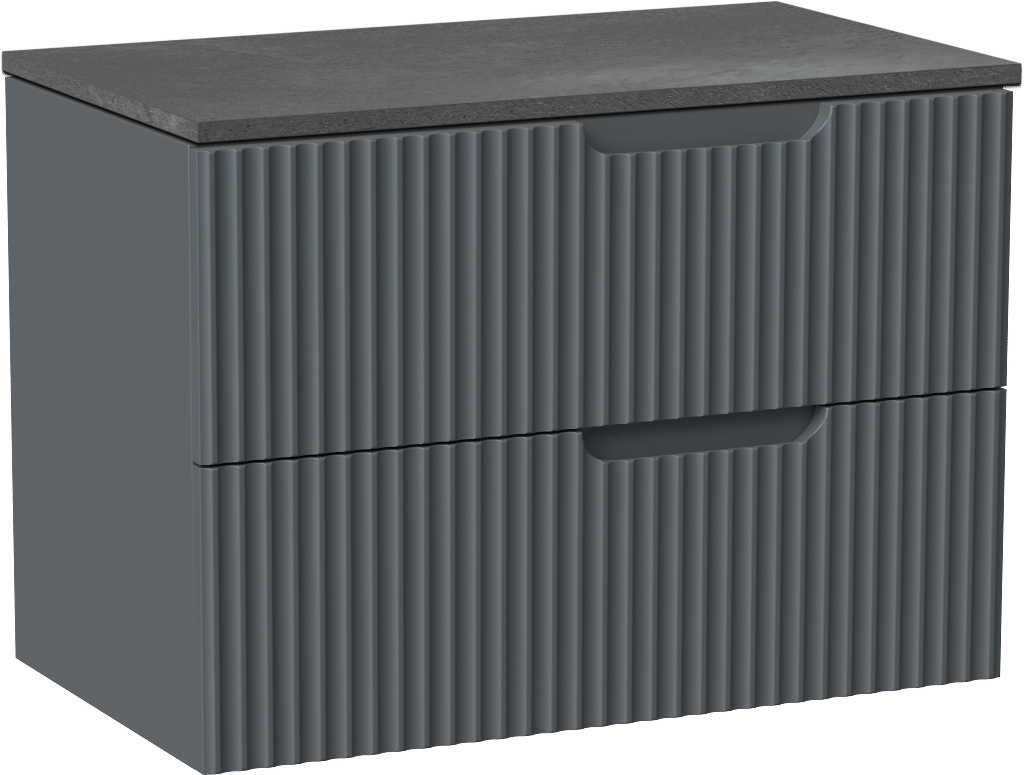 Linie Ribbo zwevend badmeubel 80 x 46 cm blauw antraciet met Lado enkel wastafelblad in melamine grijze leisteen, Verticale symmetrische ronde ribbel
