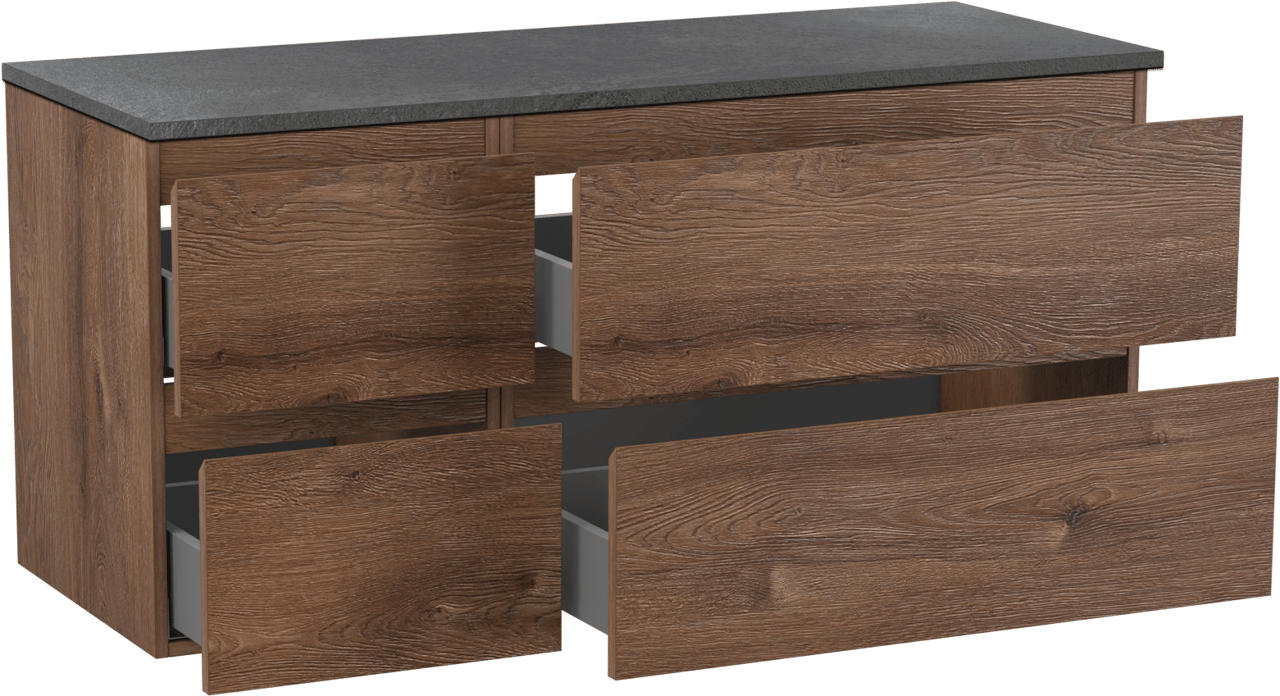 Linie Lado hängendes Möbelstück Set: 120 x 46 cm, Braune Eiche, mit Lado Einzel- oder Doppel Waschtischplatte, Melamin Schiefergrau