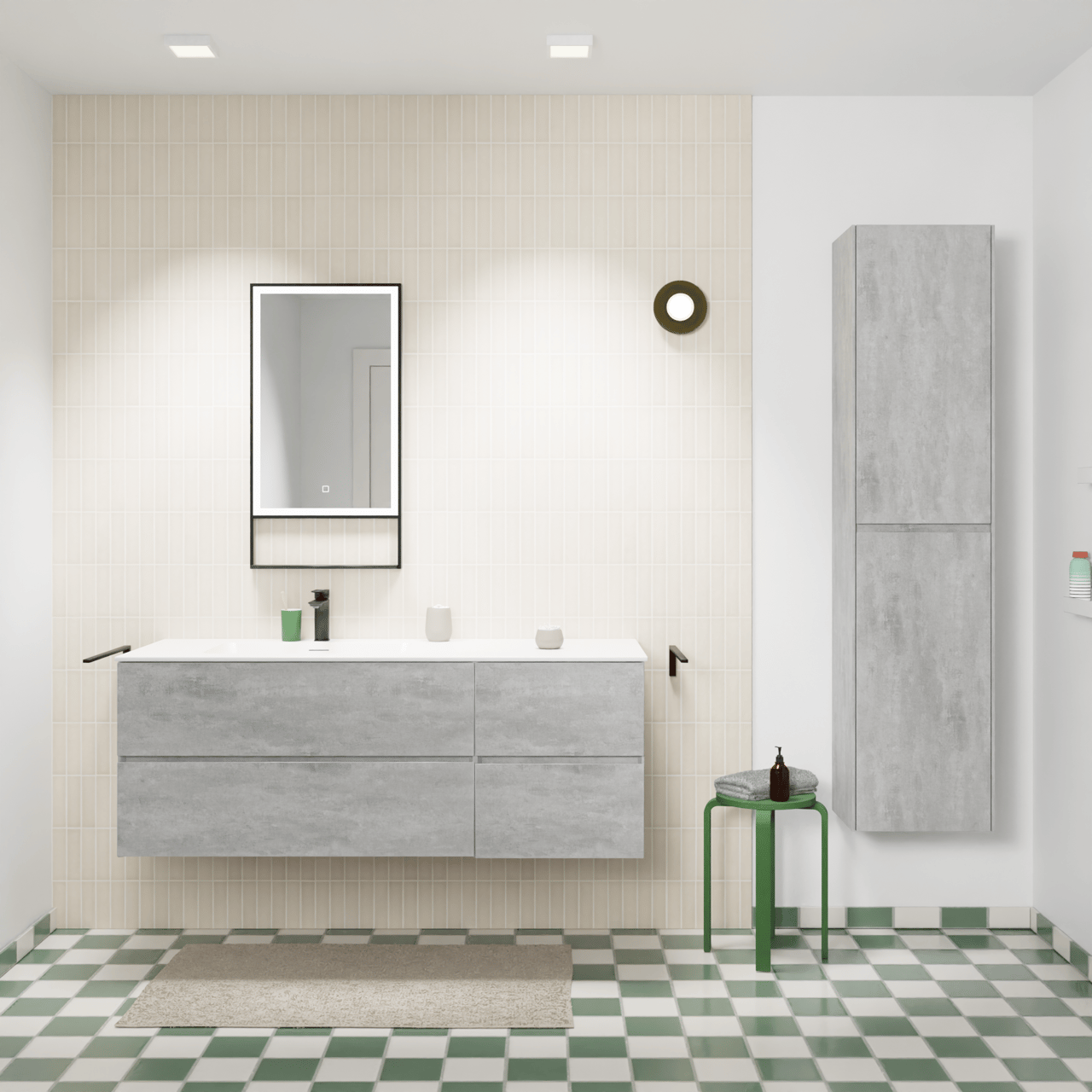 Storke Edge zwevend badmeubel 140 x 52 cm beton donkergrijs met Mata asymmetrisch linkse wastafel in solid surface mat wit