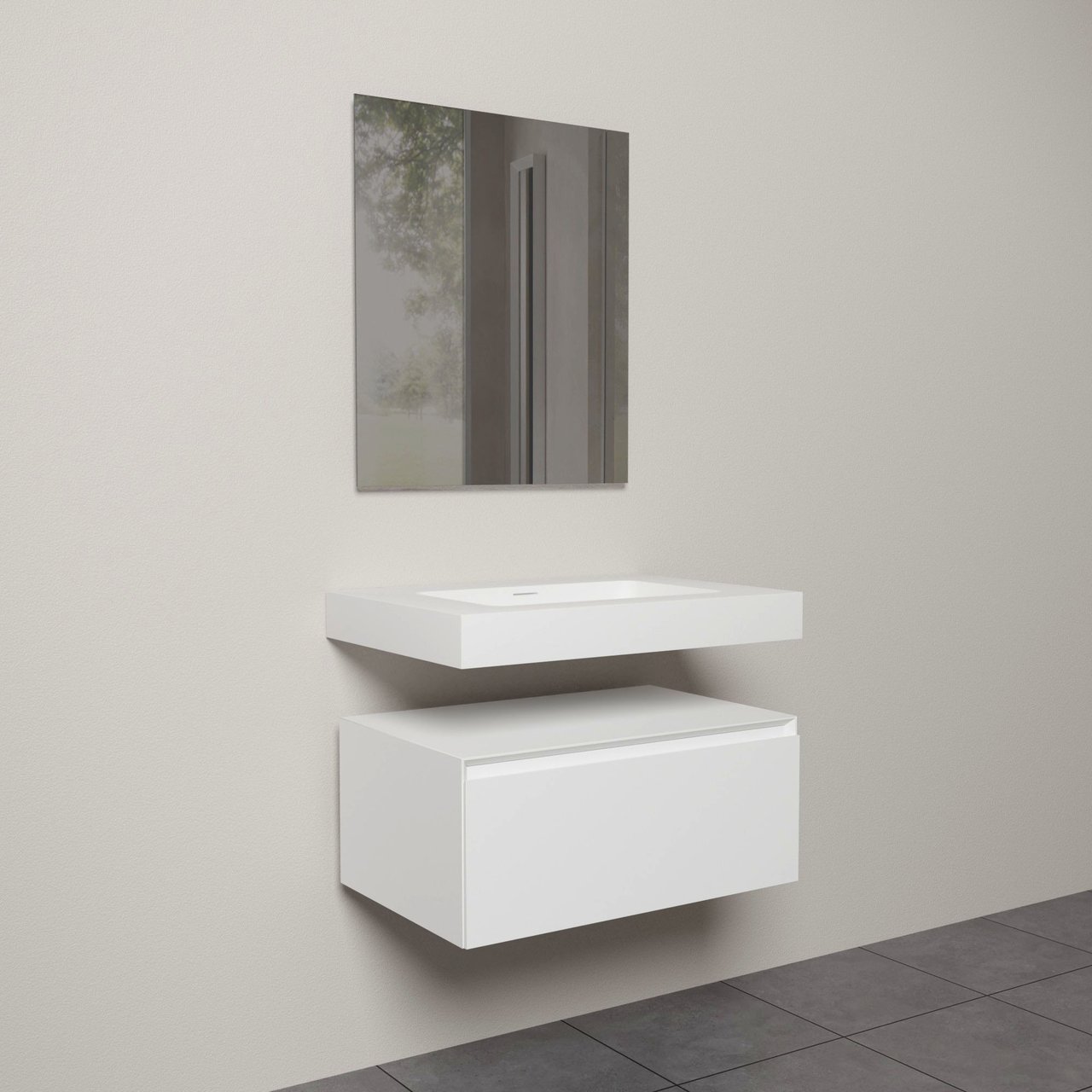 Storke Edge Modulo zwevend badkamermeubel 75 x 52 cm mat wit met Mata High enkele wastafel in solid surface mat wit en Soto badkamerspiegel