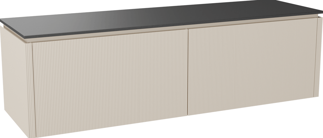 Balmani Eclips zwevend badkamermeubel 180 x 55 cm Sandbeige met Stretto enkel of dubbel tablet in Graniet zwart, Verticale symmetrische rechte ribbel