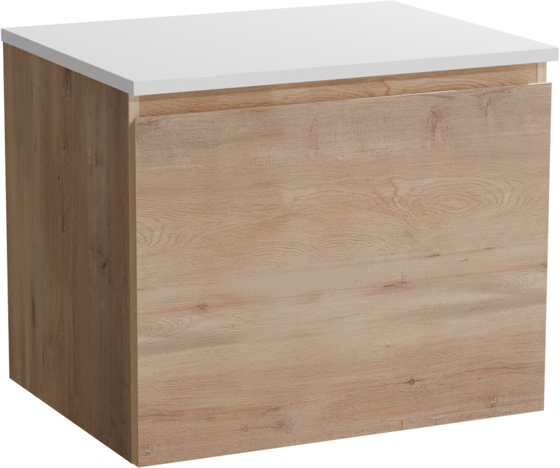 Linie Lado hängendes Möbelstück Set: 60 x 46 cm, Naturbelassene Eiche, mit Lado Einzel Waschtischplatte, Marmorkomposit Weiß matt