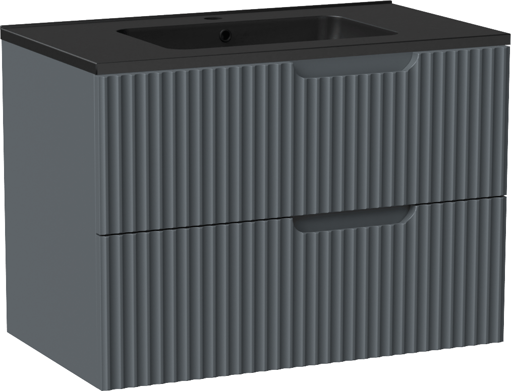 Linie Ribbo zwevend badmeubel 80 x 46 cm blauw antraciet met Vano enkele wastafel in composietmarmer mat zwart, Verticale symmetrische ronde ribbel