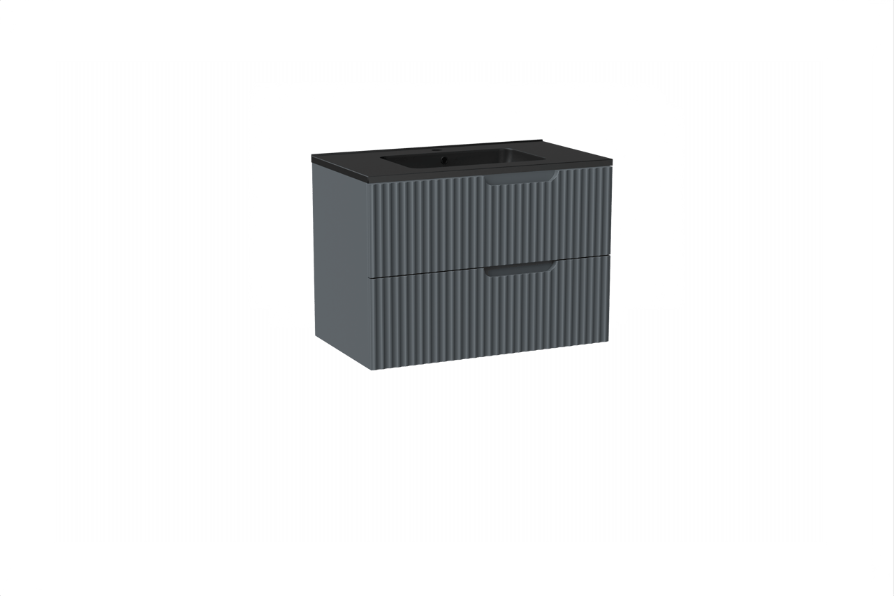 Linie Ribbo hängendes Möbelstück Set: 80 x 46 cm, Anthrazitblau, mit Vano Einzelwaschtisch, Marmorkomposit, Schwarz matt, Vertikale symmetrische runde Rippe