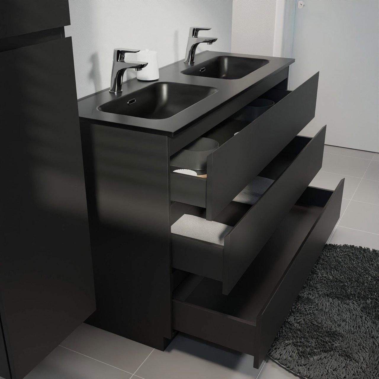 Linie Lado meuble salle de bains à poser 120 x 46 cm noir mat avec Baro double vasque en porcelaine noir mat