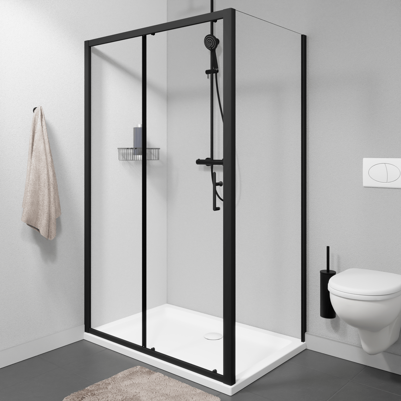 Linie Cadiz douchehoek met schuifdeur en vaste zijwand, 120 x 80 cm, helder glas, zwarte profielen