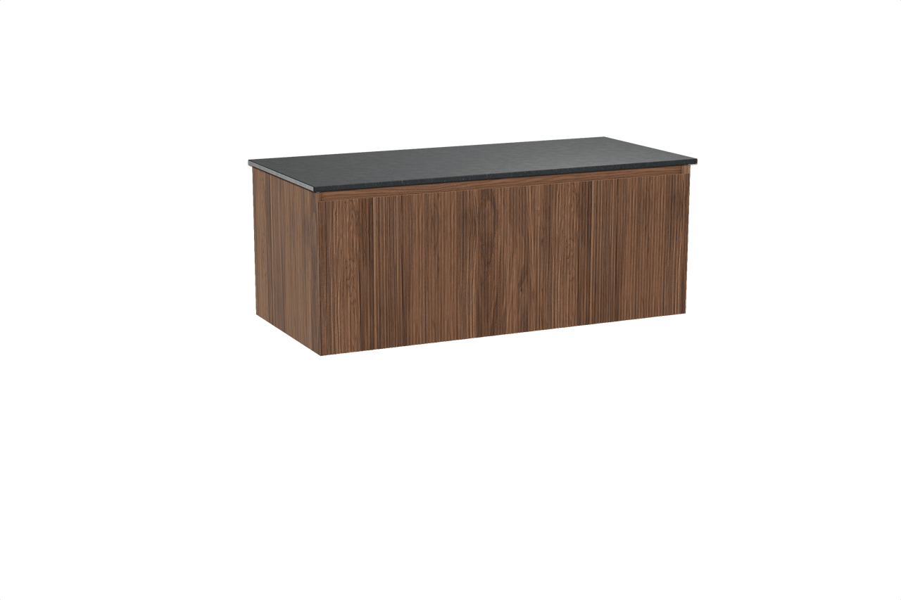 Balmani Fila hängendes Möbelstück Set: 120 x 55 cm, Nussbaum, mit Stretto Einzel Waschtischplatte, Granit, Schwarzes Granit, Vertikale symmetrische gerade Rippe