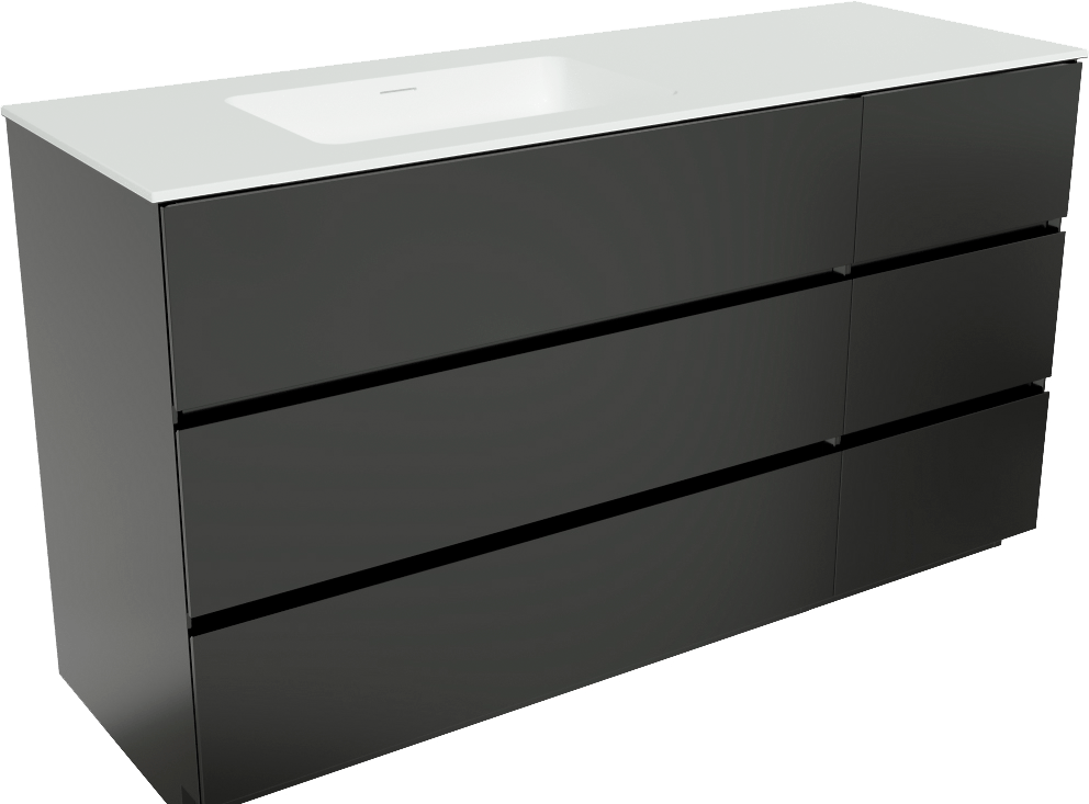 Storke Edge staand badmeubel 150 x 52 cm mat zwart met Mata asymmetrisch linkse wastafel in matte Solid Surface