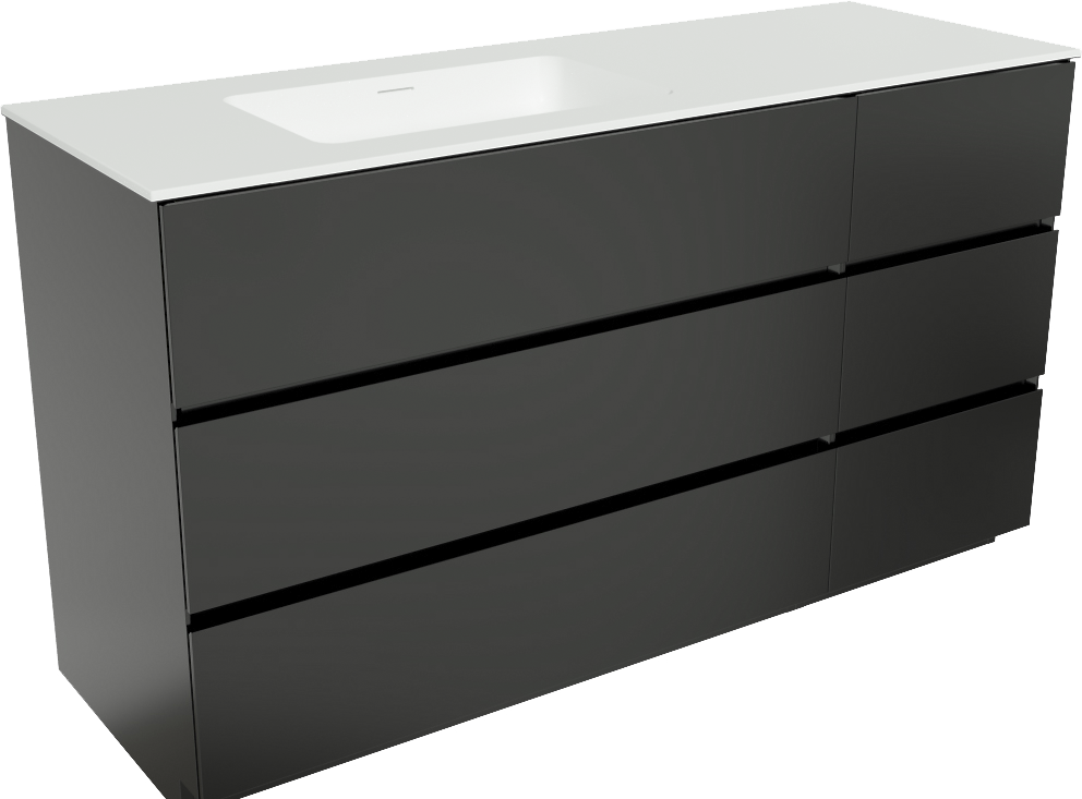 Storke Edge staand badmeubel 150 x 52 cm mat zwart met Mata asymmetrisch linkse wastafel in matte Solid Surface