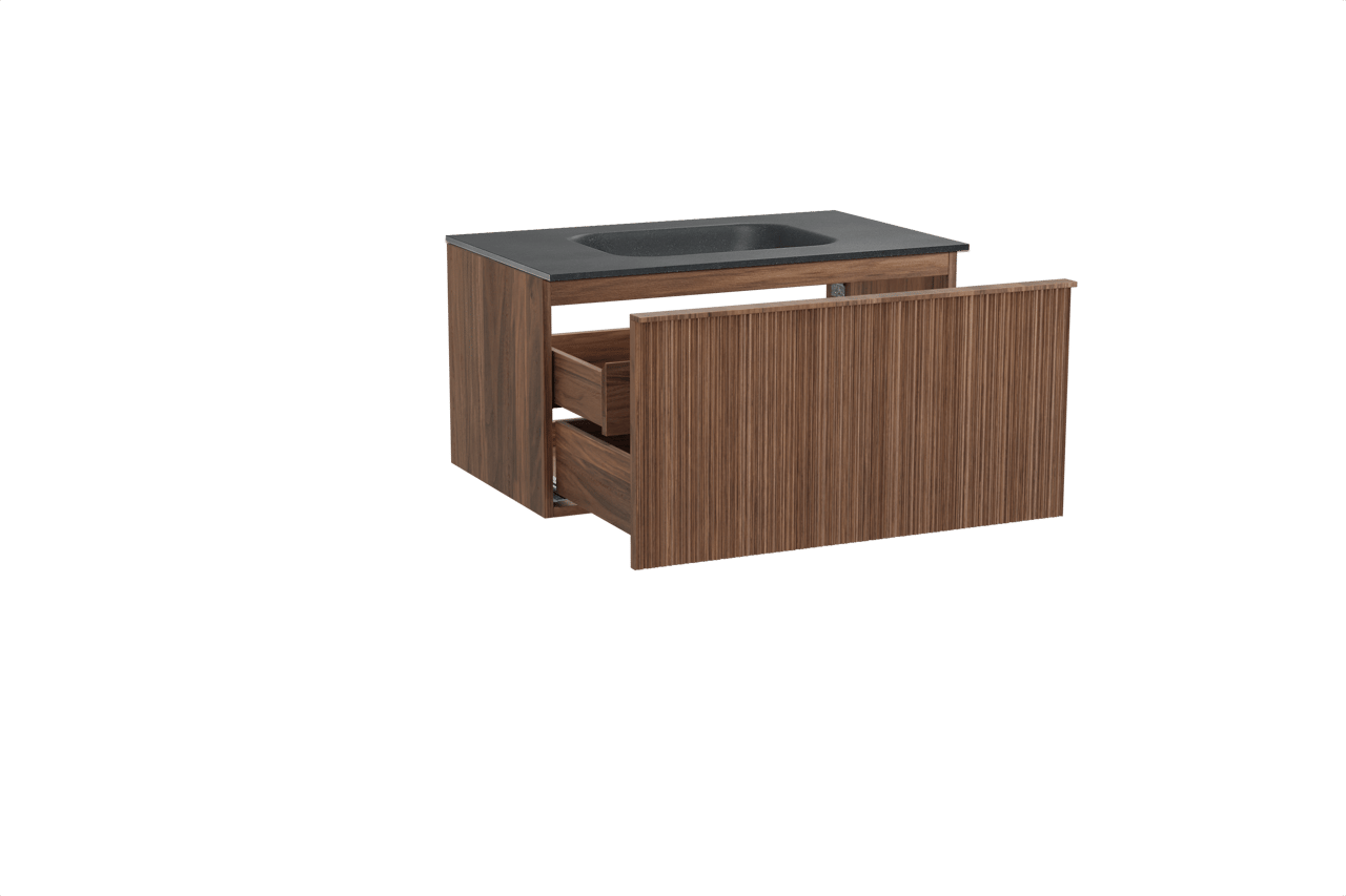 Balmani Forma zwevend badmeubel 90 x 55 cm amerikaans notenhout met Tablo Arcato enkele wastafel in zwart graniet, Verticale asymmetrische ronde ribbel