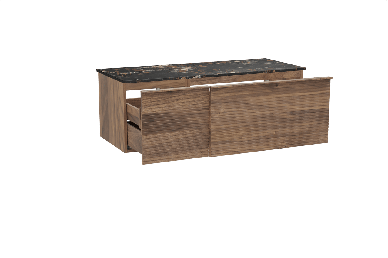 Balmani Forma zwevend badkamermeubel 135 x 55 cm amerikaanse notelaar met Stretto enkel of dubbel tablet in marmer portoro gold, Horizontale symmetrische rechte ribbel