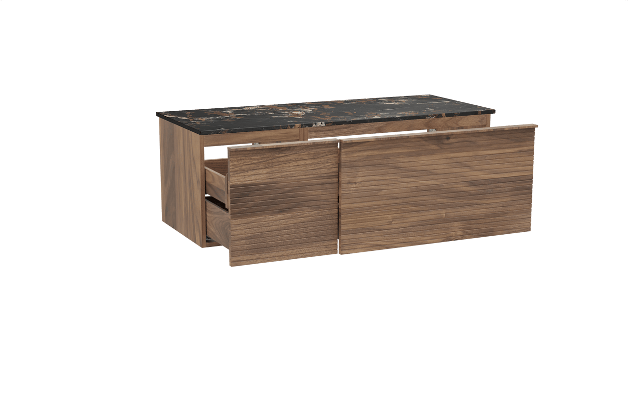 Balmani Forma hängendes Möbelstück Set: 135 x 55 cm, Amerikanischer Nussbaum, mit Stretto Einzel- oder Doppel Waschtischplatte, Marmor, Portoro Gold, Horizontale symmetrische gerade Rippe