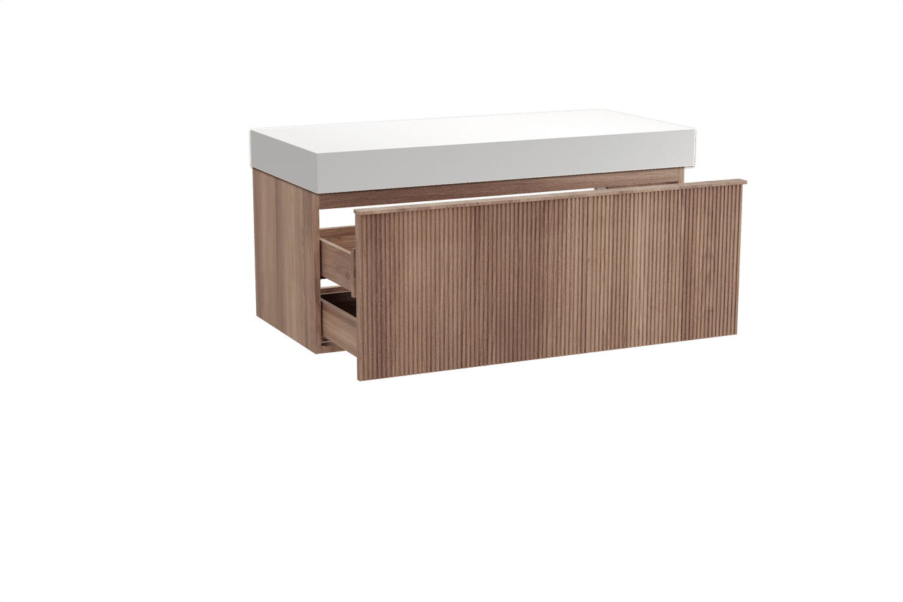 Balmani Forma hängendes Möbelstück Set: 120 x 55 cm, Teak, mit Dominus Einzel- oder Doppel Waschtischplatte, Solid Surface, Weiß matt, Vertikale symmetrische gerade Rippe