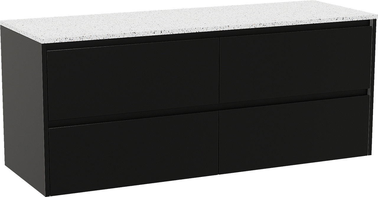 Storke Seda zwevend badmeubel 150 x 52 cm mat zwart met Tavola enkel of dubbel wastafelblad in mat wit/zwart terrazzo